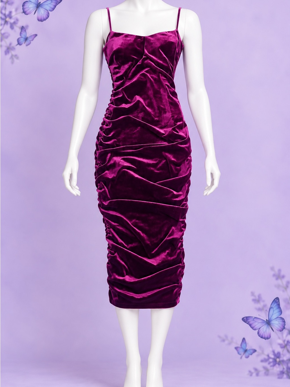Windsor Ruched Velvet Midi Dress in Vibrant Magenta